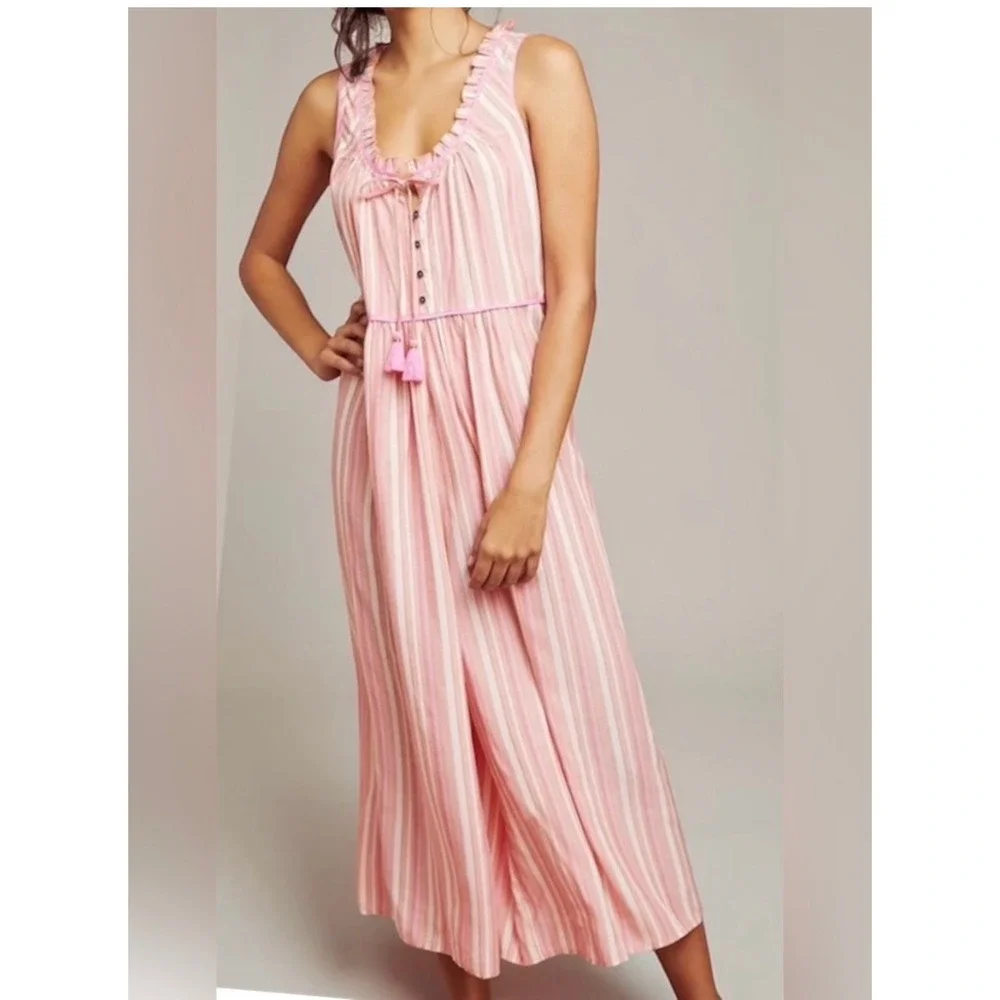 Anthropologie Jumpsuit Women Medium Pink Striped Wide Leg Tassel Boho Summer